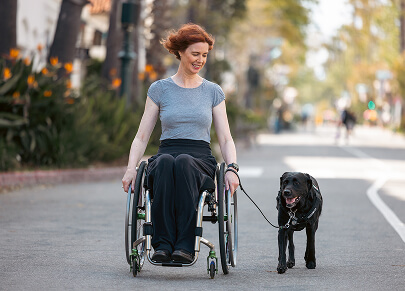 Woman in a wheelchair walking a dog