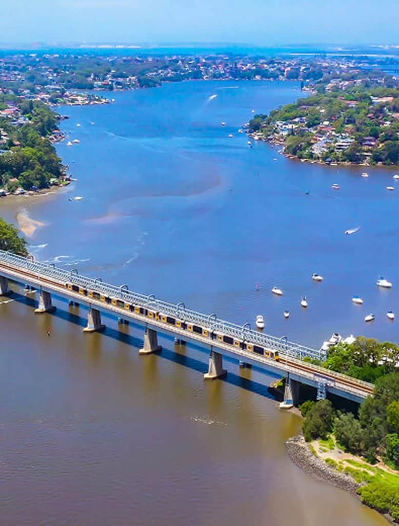 Aerial view of a bridge crossing Georges River